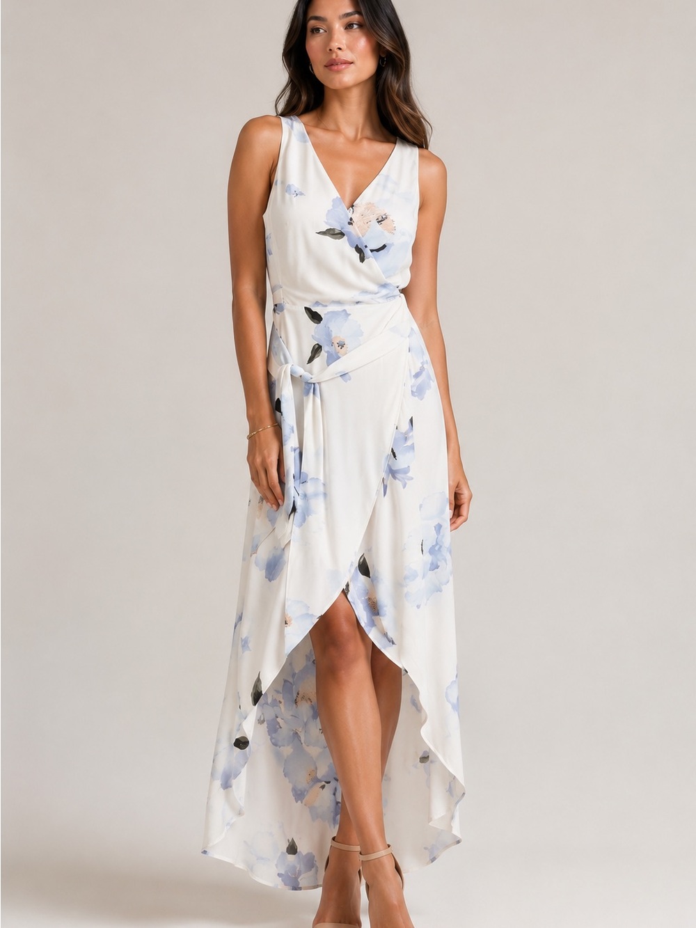 Dynamite Cream Wrap High-Low Dress with Blue Floral Print